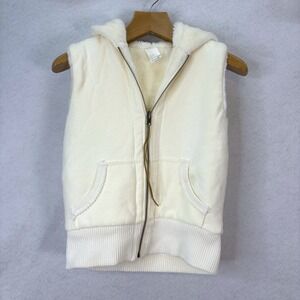 Vtg Old Navy Reversible‎ Faux Fur Hooded Vest Cream Fleece Womens M Y2K Cozy